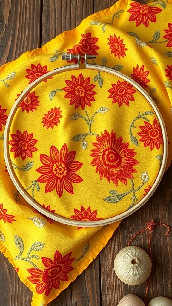 Embroidered fabric dyed with onion skins, featuring floral patterns in warm colors.
